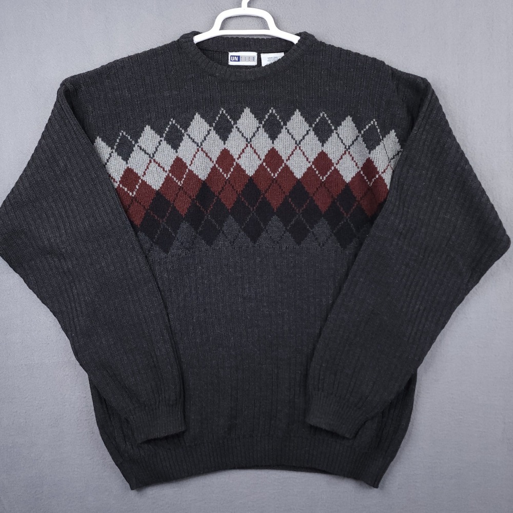 Untied‎ Mens 2XL Grey Argyle Crewneck Sweater Ribbed Knit Acrylic Pullover